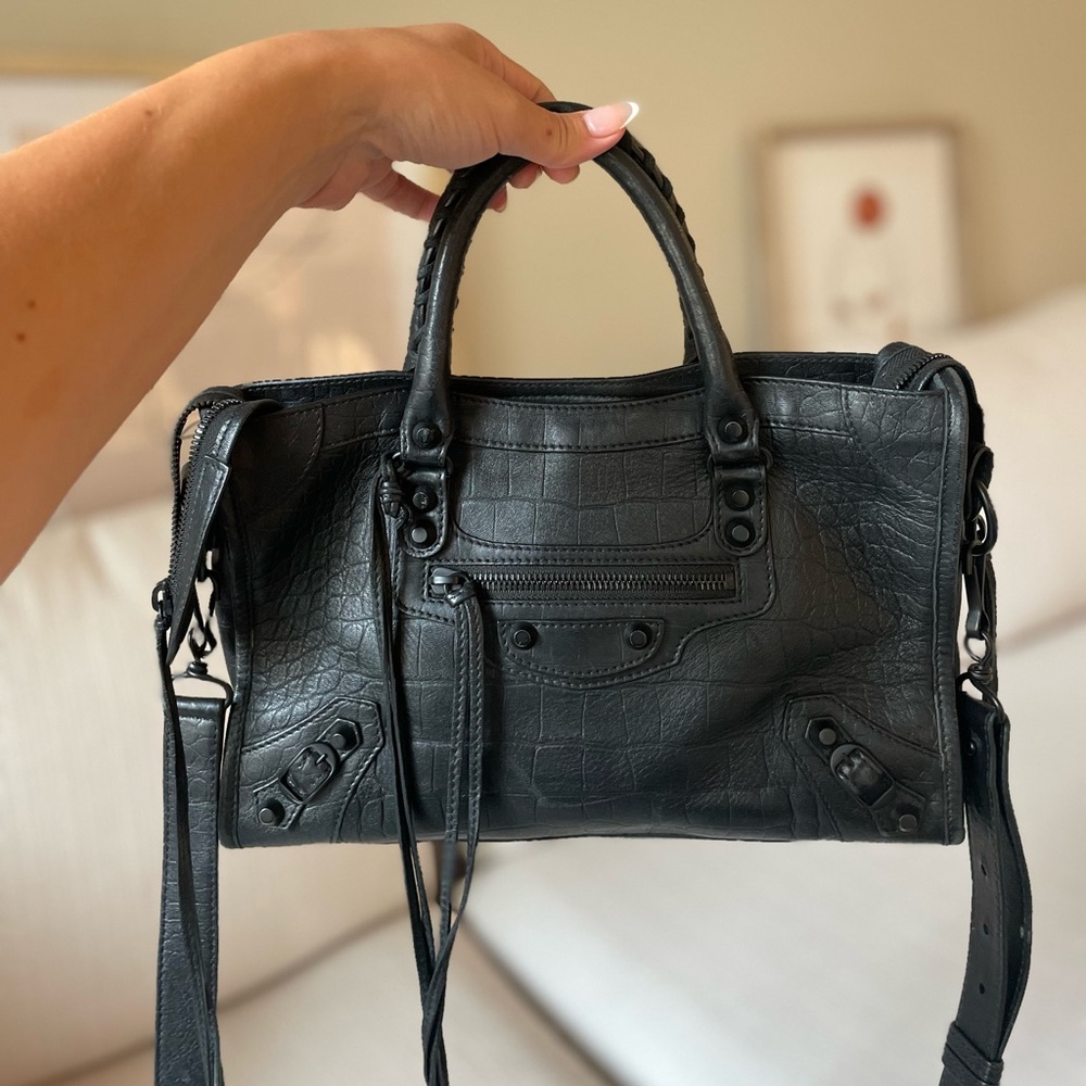 Authentic Balenciaga Mini City Snakeskin embossed matte black